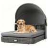 Gray Hand-Woven PE Rattan Dog Bed with Adjustable Canopy, Elevated Outdoor Pet Daybed with Washable Plush Cushion